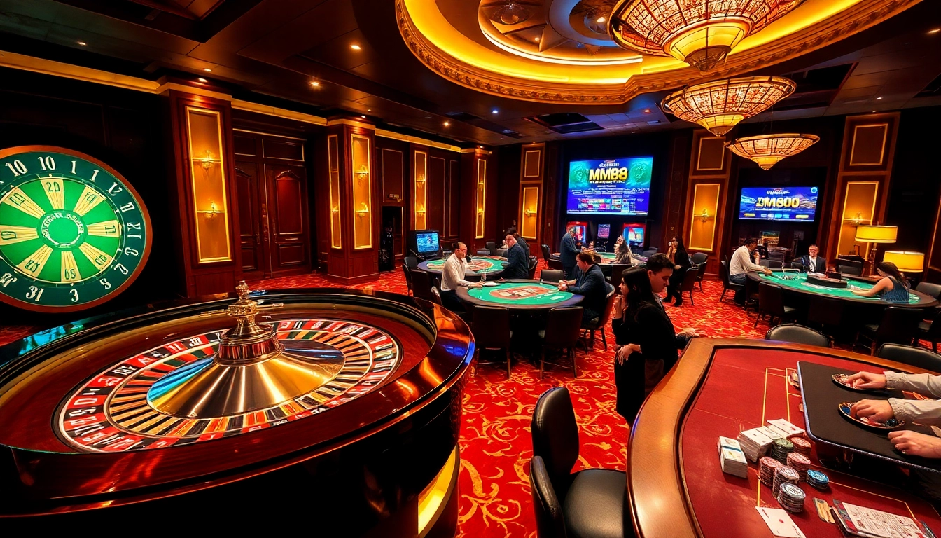 Engaging gamblers at MM88 casino with vibrant poker tables and roulette wheel in a luxurious setting.