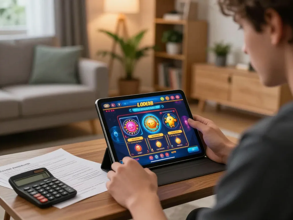 Engaging gameplay on LODE88 tablet featuring vibrant casino games in a cozy home setting