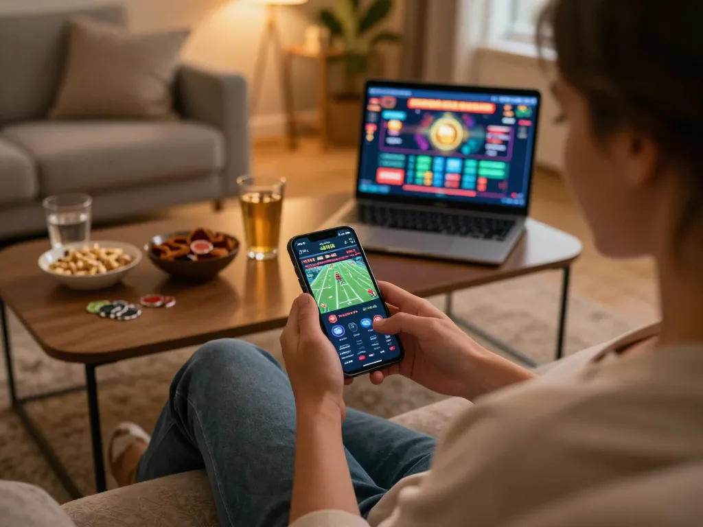 Engaging in mobile betting on https://11bet.se.net/ from the comfort of home, highlighting a strategic gambling setup.