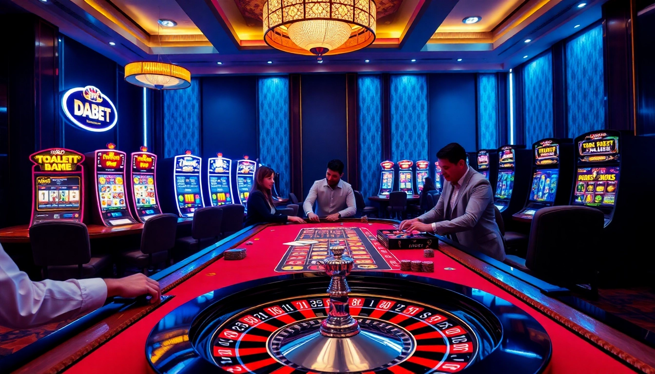 Engage at DABET's luxurious gaming table featuring vibrant poker chips and an exciting roulette wheel.