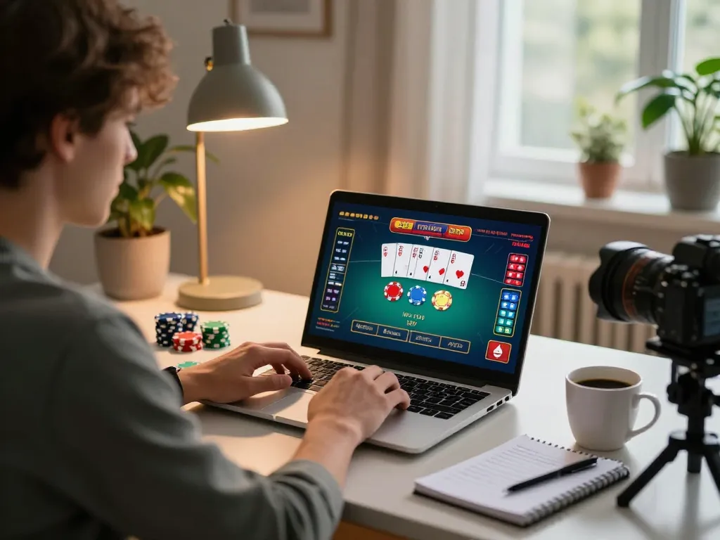 Lode88 user engaged in online poker strategy at home, showcasing a modern laptop setup.