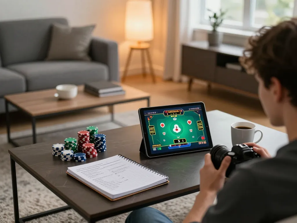 Engaging in online gambling at home with https://www.mnm88.com/ displayed on tablet, showcasing vibrant poker strategies.