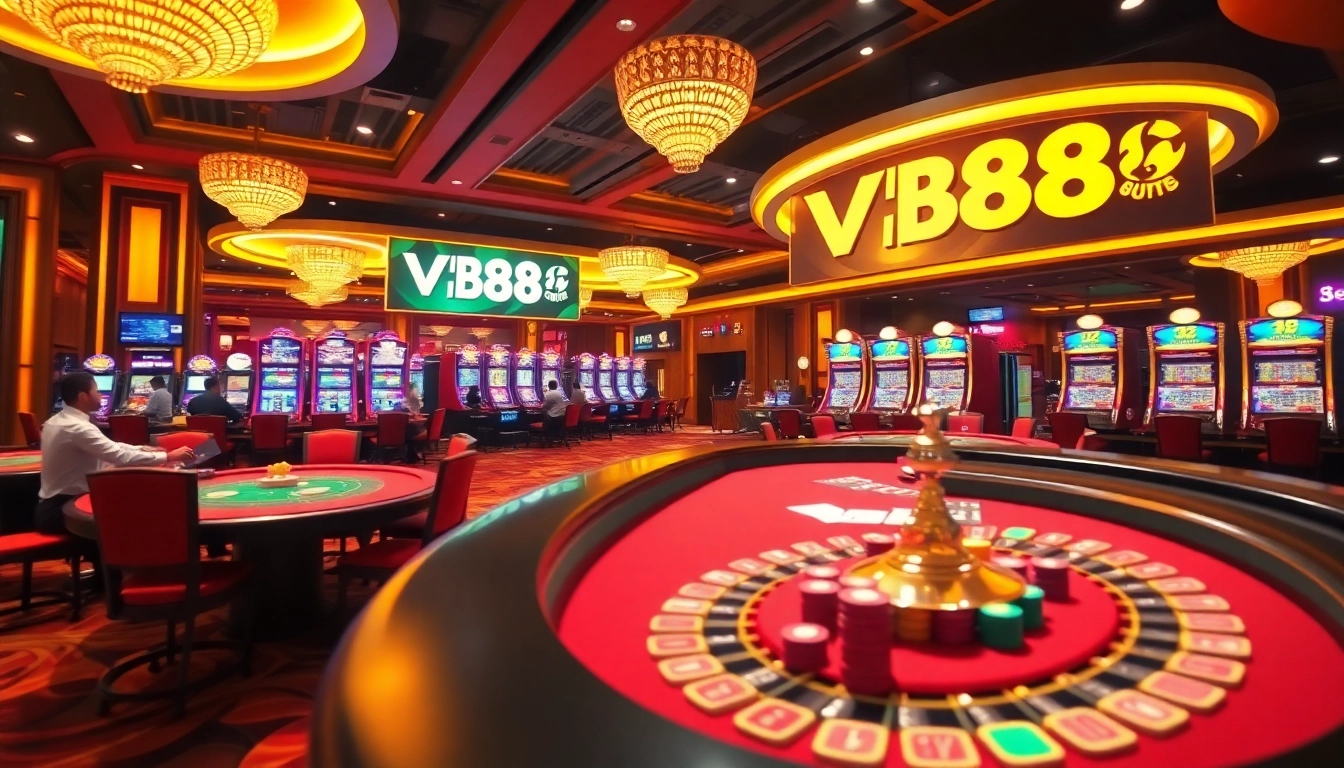 VB88 players enjoying a luxurious casino atmosphere while placing bets at tables.