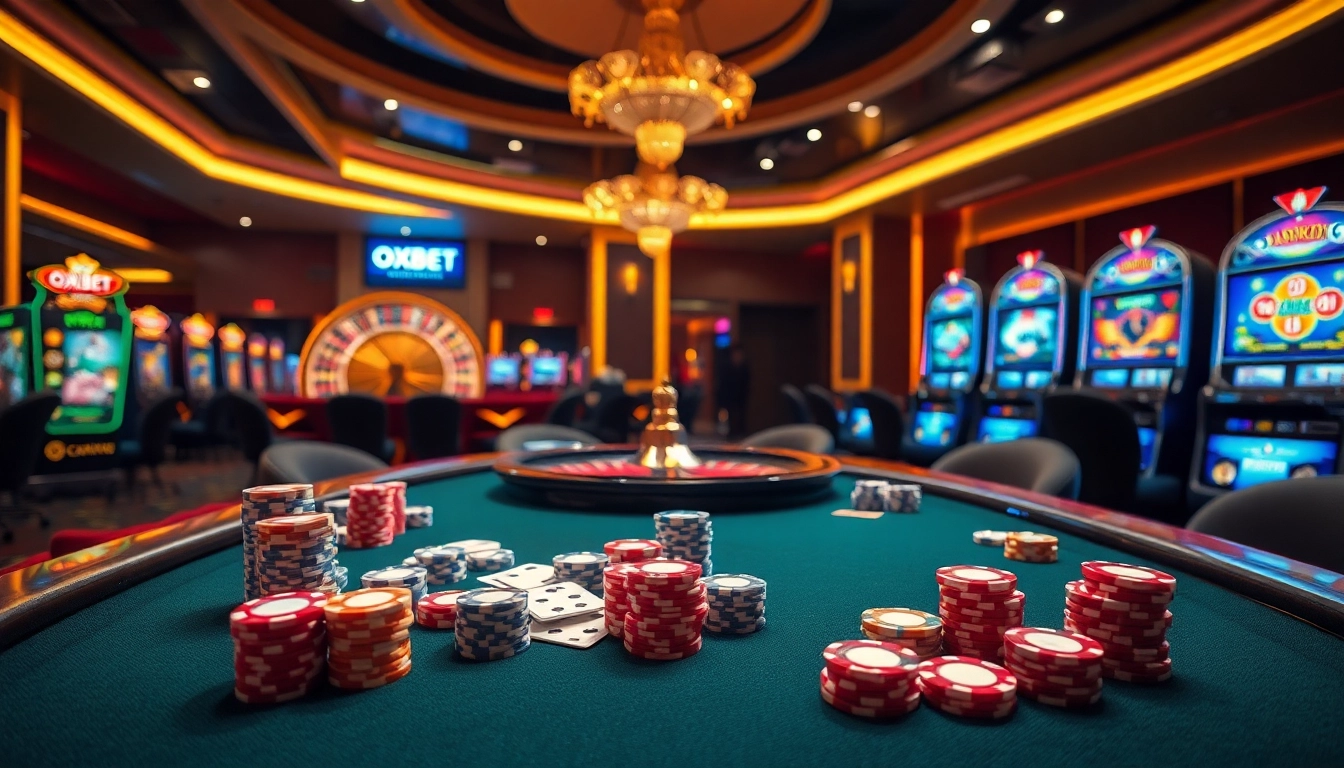 Experience the thrill of OXBET with vibrant poker tables, chips, and a roulette wheel in a luxurious casino setting.