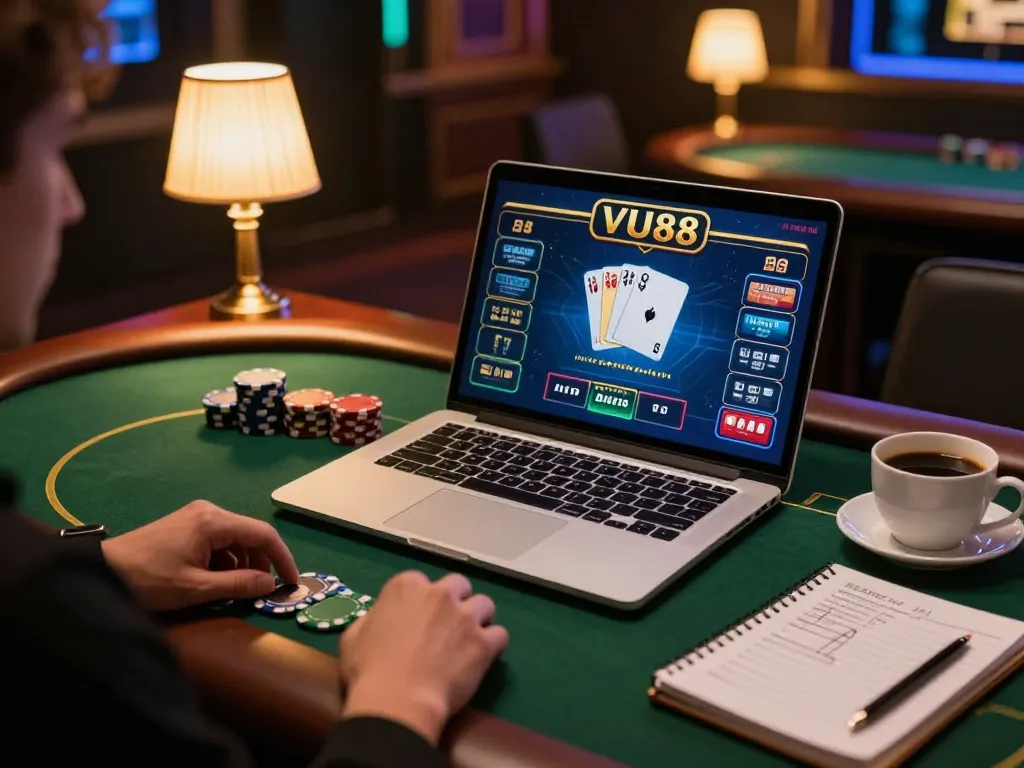 Person engaging with VU88's online poker interface while practicing bankroll management at home.