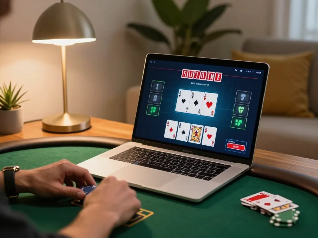 Fabet player strategizing in an online poker game with a laptop, showcasing smart betting moves.
