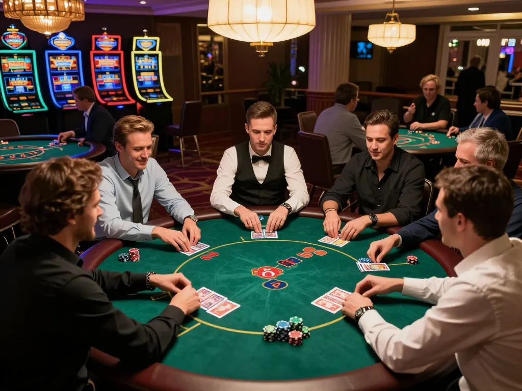 Players engage in strategic poker gameplay at da88 casino, showcasing vibrant atmosphere and intense focus.