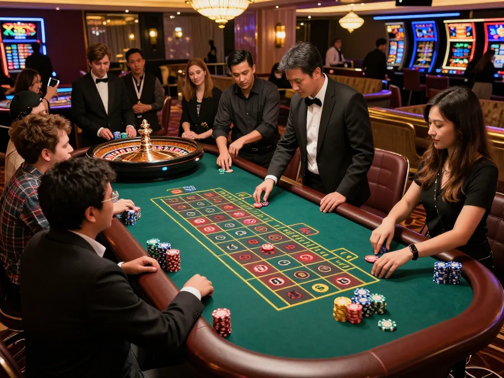 Vin88 players placing bets at an exciting roulette table with vibrant casino atmosphere.