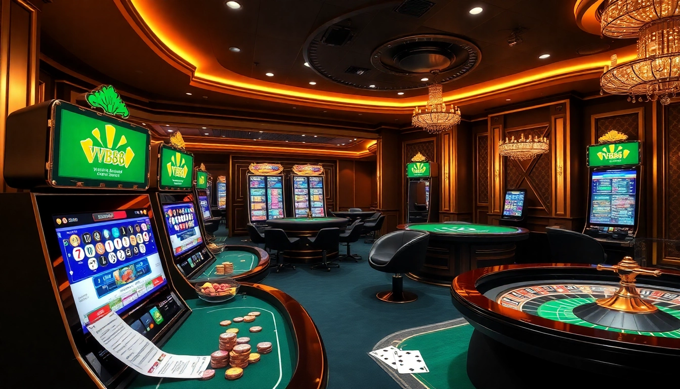Experience the excitement of VB88 with vibrant casino elements like poker tables and slots.