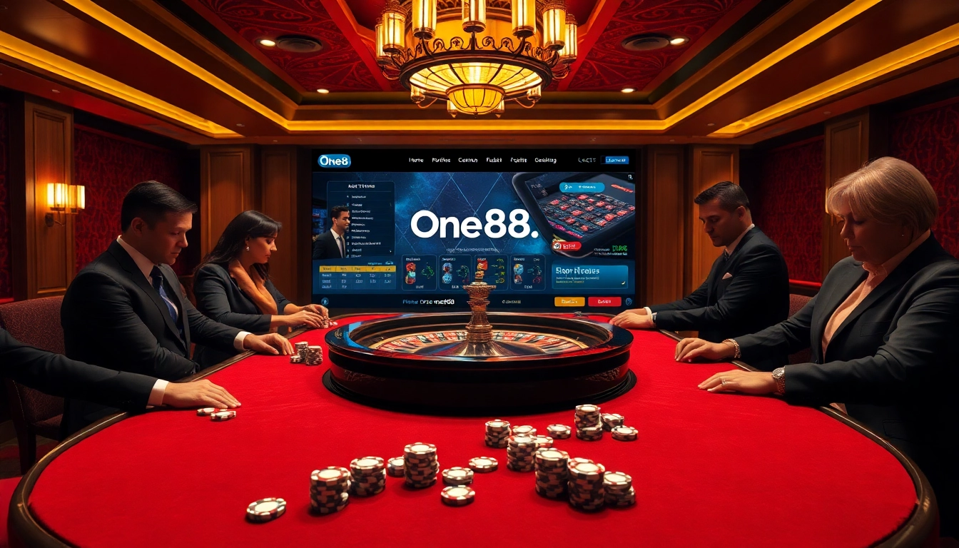 Engaged players at a roulette table in an elegant casino, highlighting the thrill of wagering with https://one88.london/.