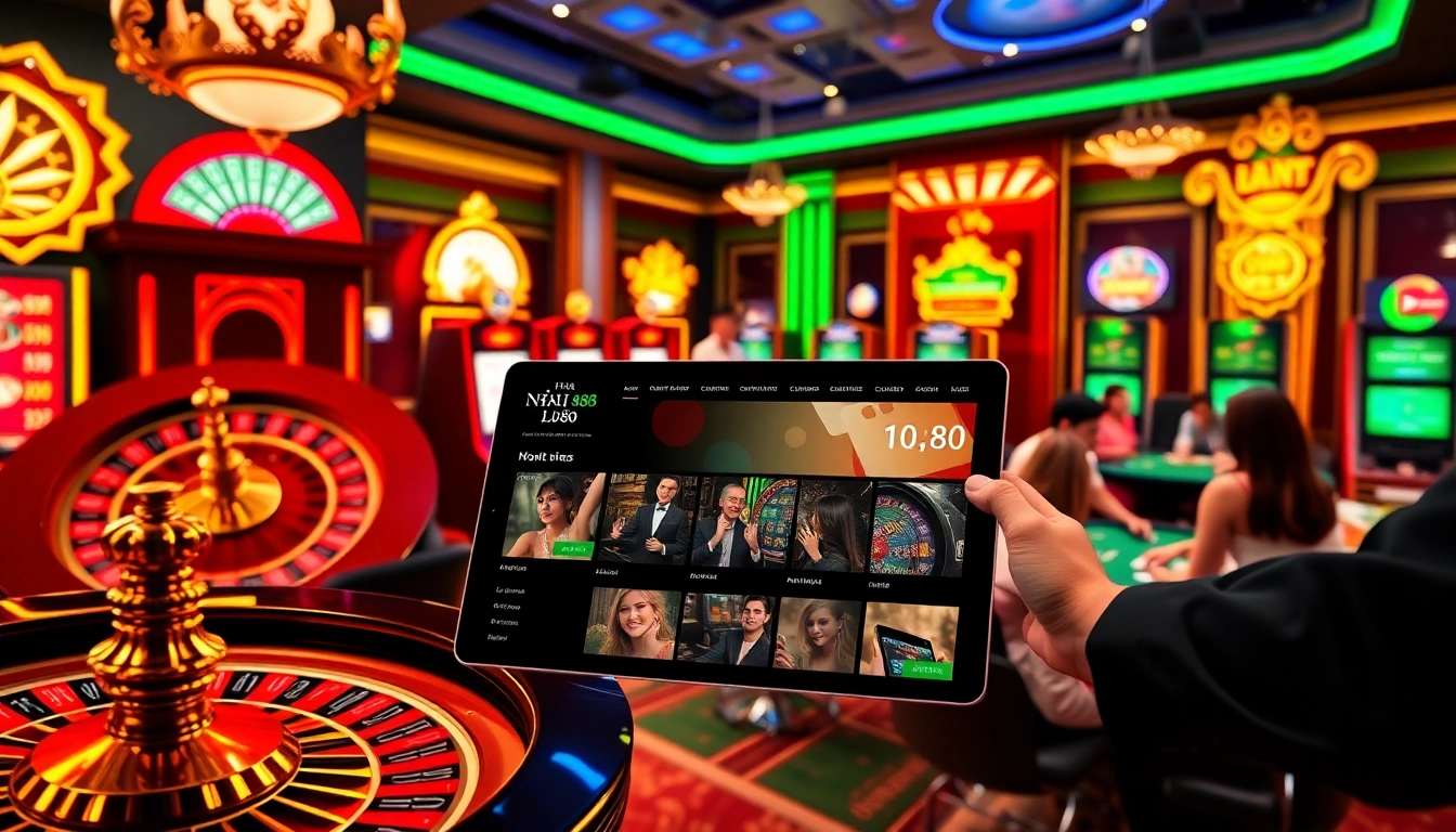 Excited players engage with Nhà cái Lu88 in a vibrant online casino setting.