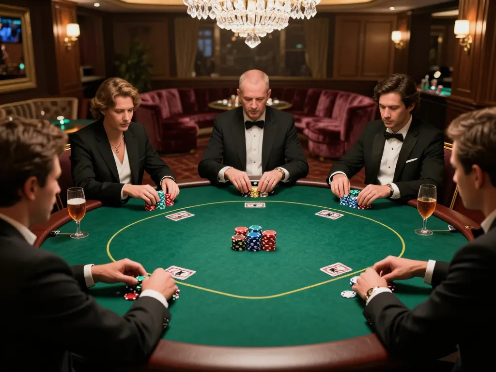 High-stakes poker game in luxury casino VIP room with DA88 decor, focus on chips and players.