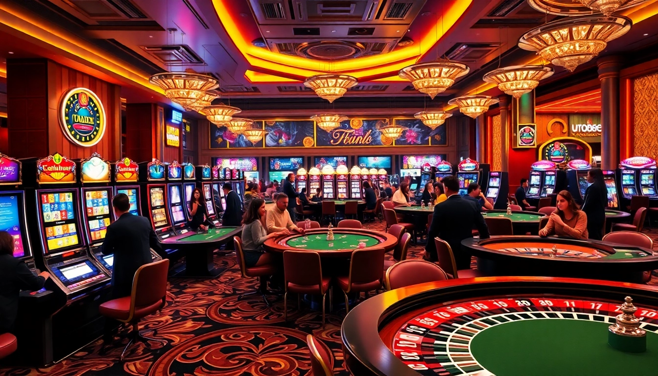 Players enjoying the excitement of U8888 with colorful slot machines and engaging poker tables.