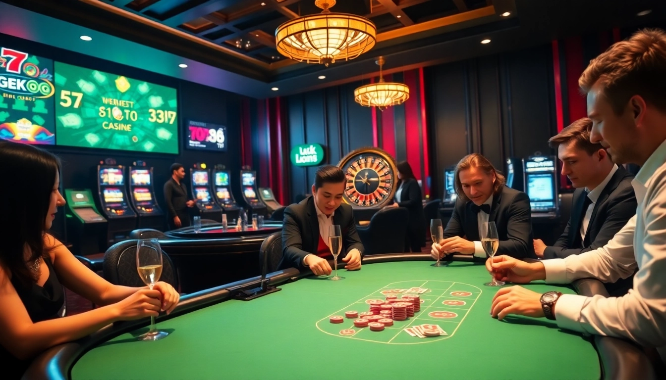Experience the thrill of Trang chủ Luck8 with a vibrant casino scene filled with poker tables and slot machines.