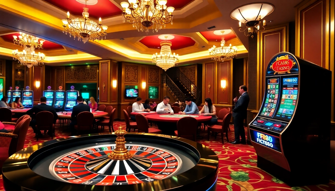 Experience the excitement at fc88 Casino with players enjoying blackjack and a spinning roulette wheel.