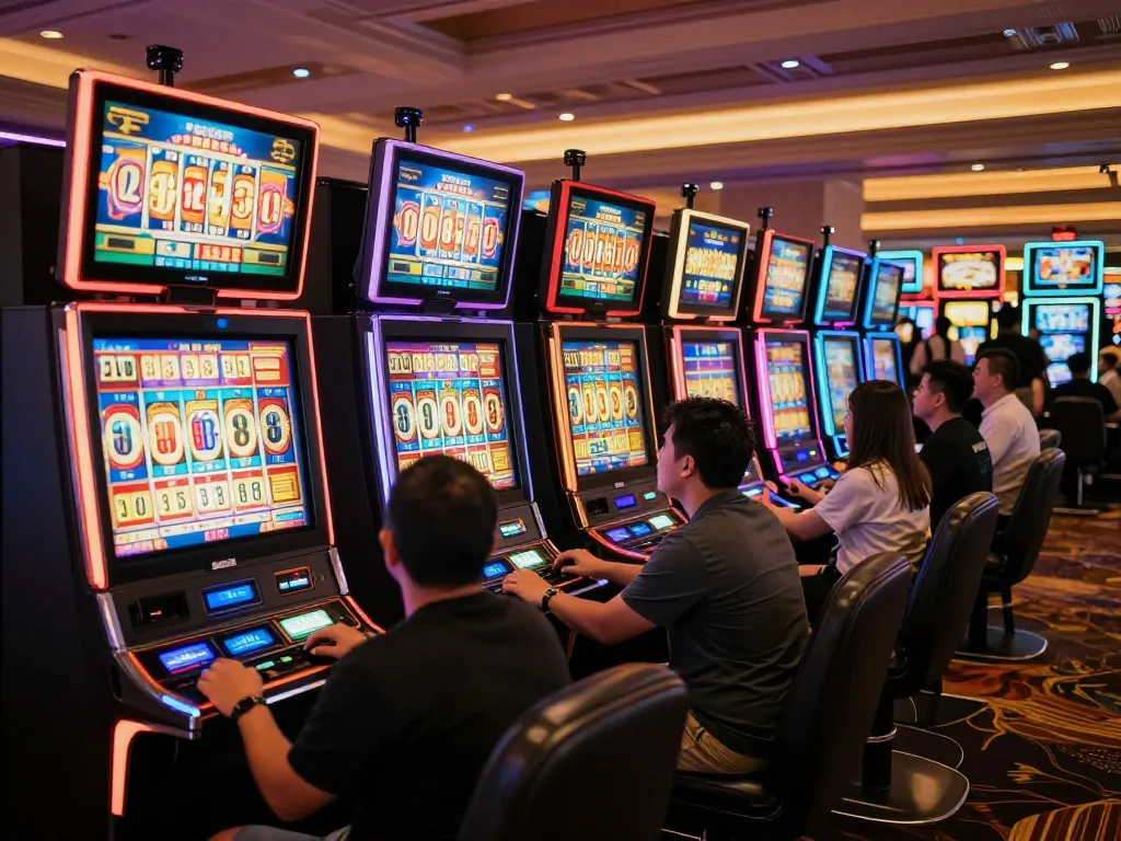 Excited players engage with colorful slot machines at https://five88az.net/ in a vibrant casino.