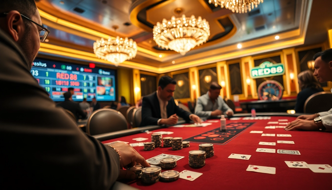 Players engage at the RED88 blackjack table in an upscale casino atmosphere, showcasing excitement and luxury.