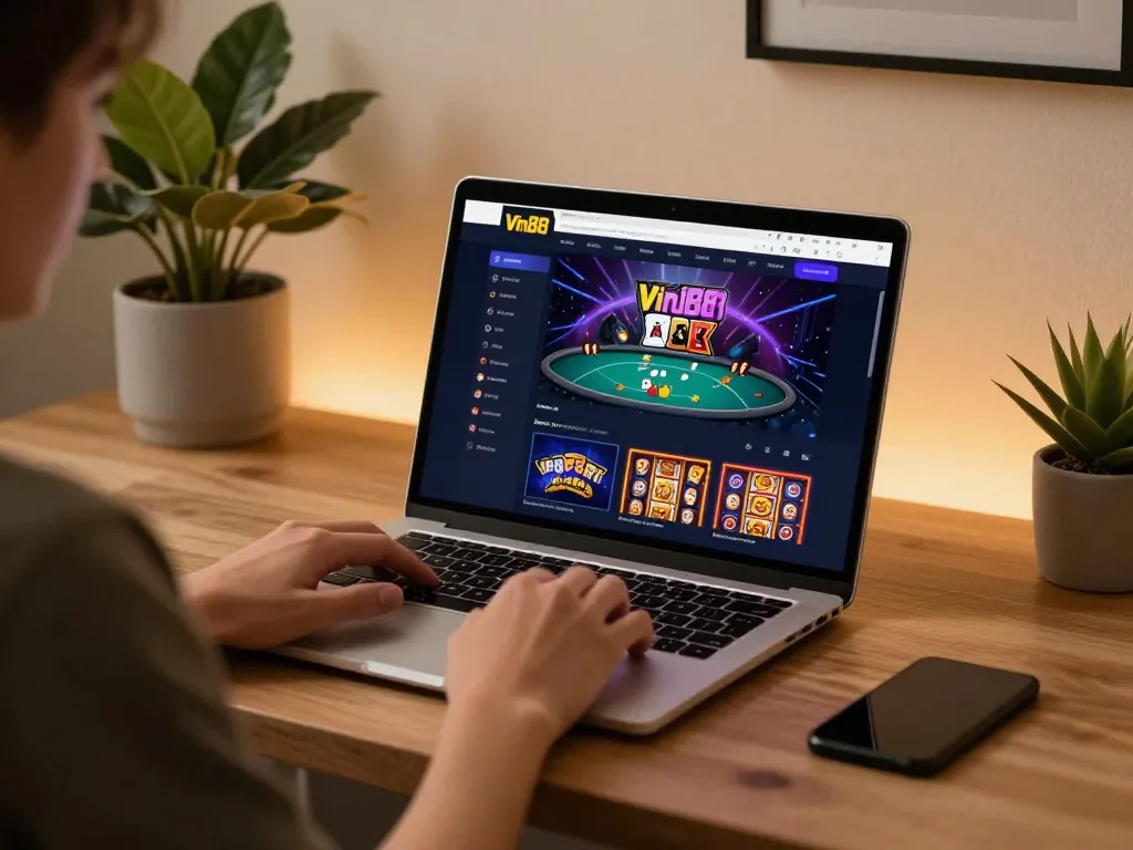 Player engaging with the Vin88 platform in a cozy home setup, showcasing online gambling