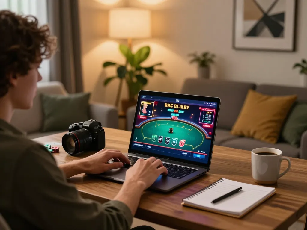 Engaging online poker game on https://lu88y.com/ displayed on a laptop in a cozy home setting.