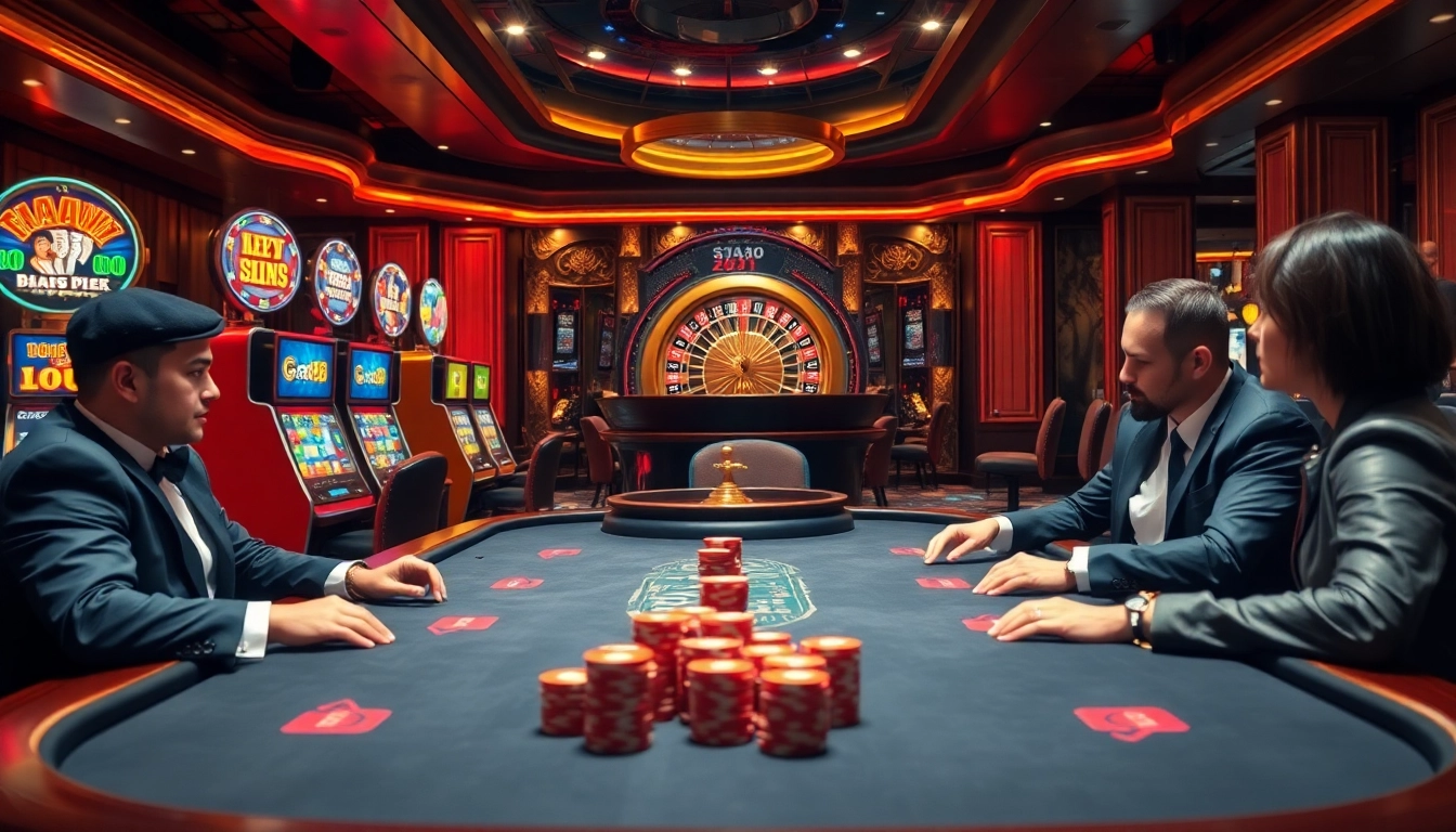 Players engaging in high-stakes poker at an xo88 casino, surrounded by vibrant slot machines and roulette wheels.