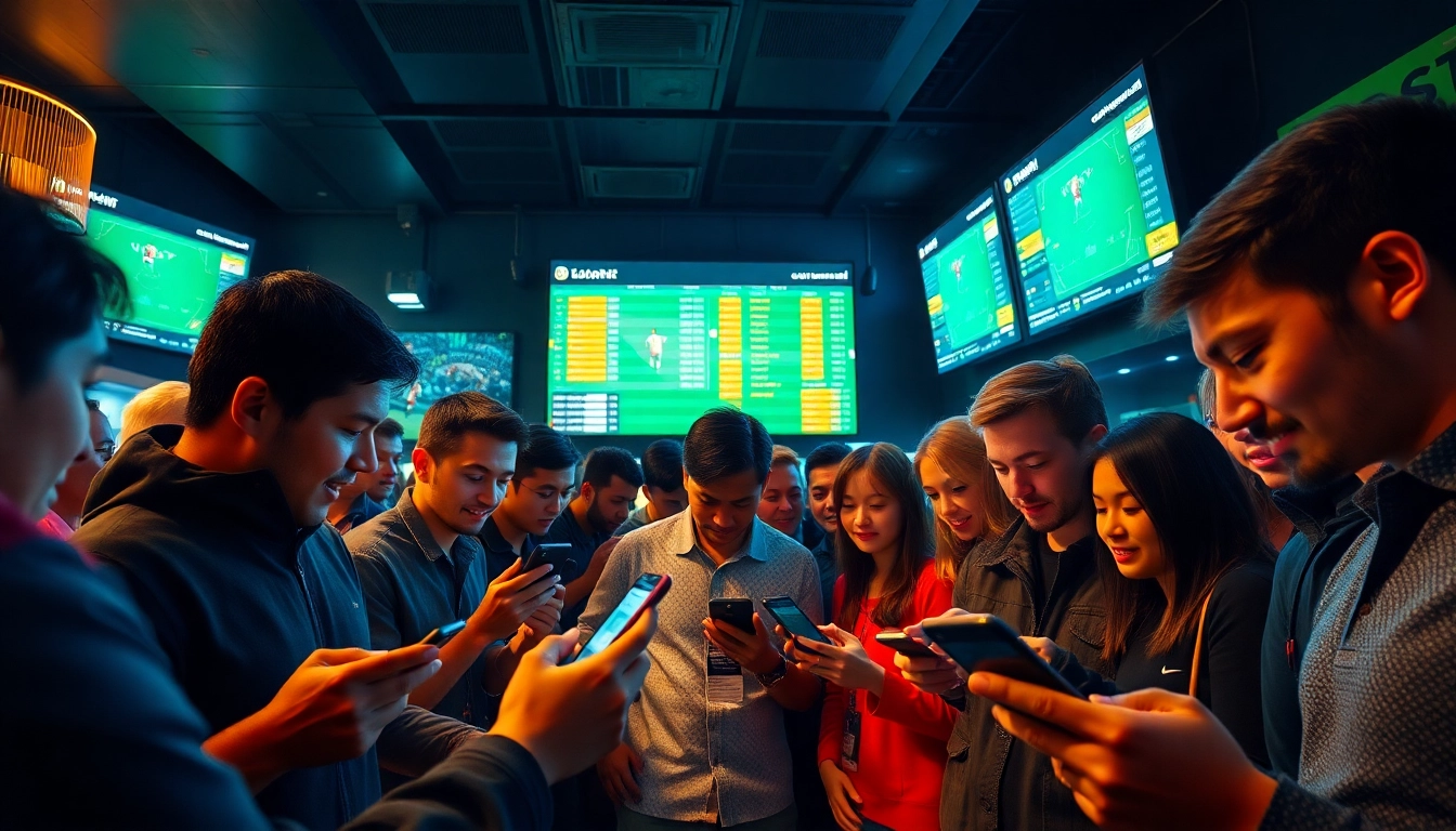Kèo nhà cái 5 betting scene showing diverse individuals engaged in sports analytics at a vibrant sports bar.