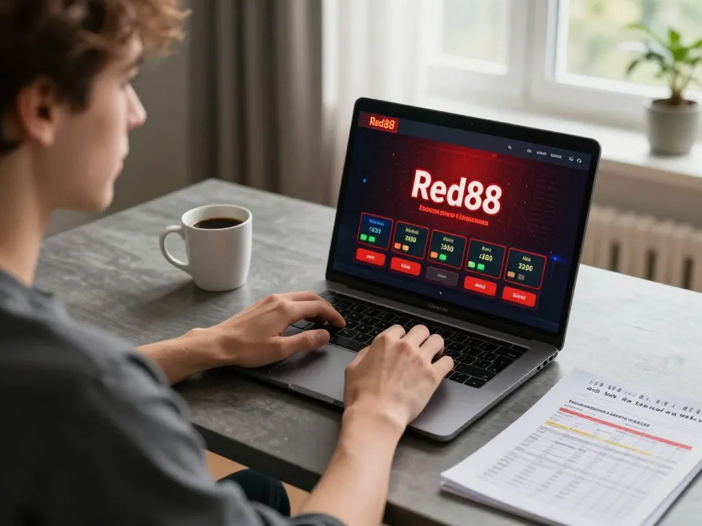 Engaging in online gaming on red88 platform with strategic betting notes, cozy setup.