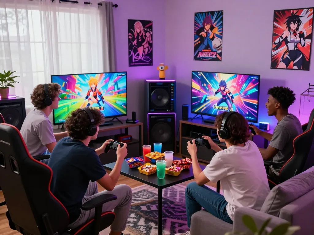 Friends enjoying popular hentai games in a vibrant gaming room, showcasing camaraderie and excitement.
