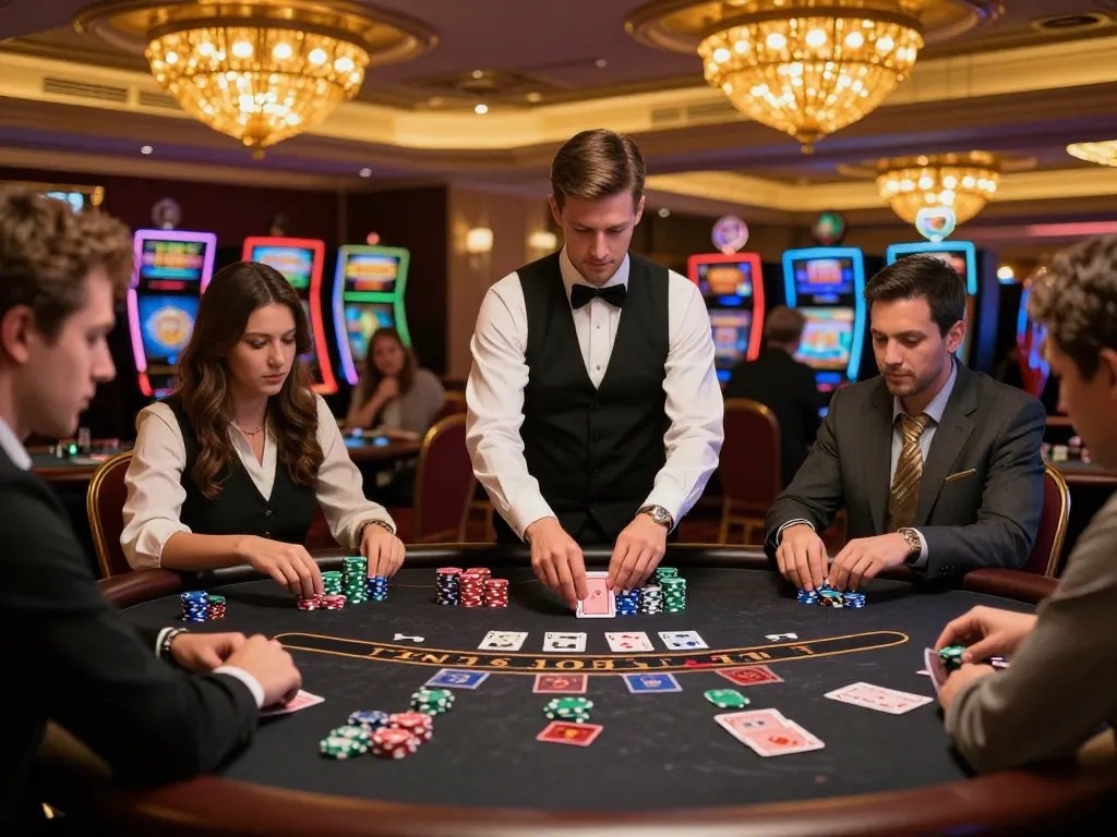 Engaging blackjack gameplay at https://da88.navy/ with dealer and focused players in vibrant casino atmosphere