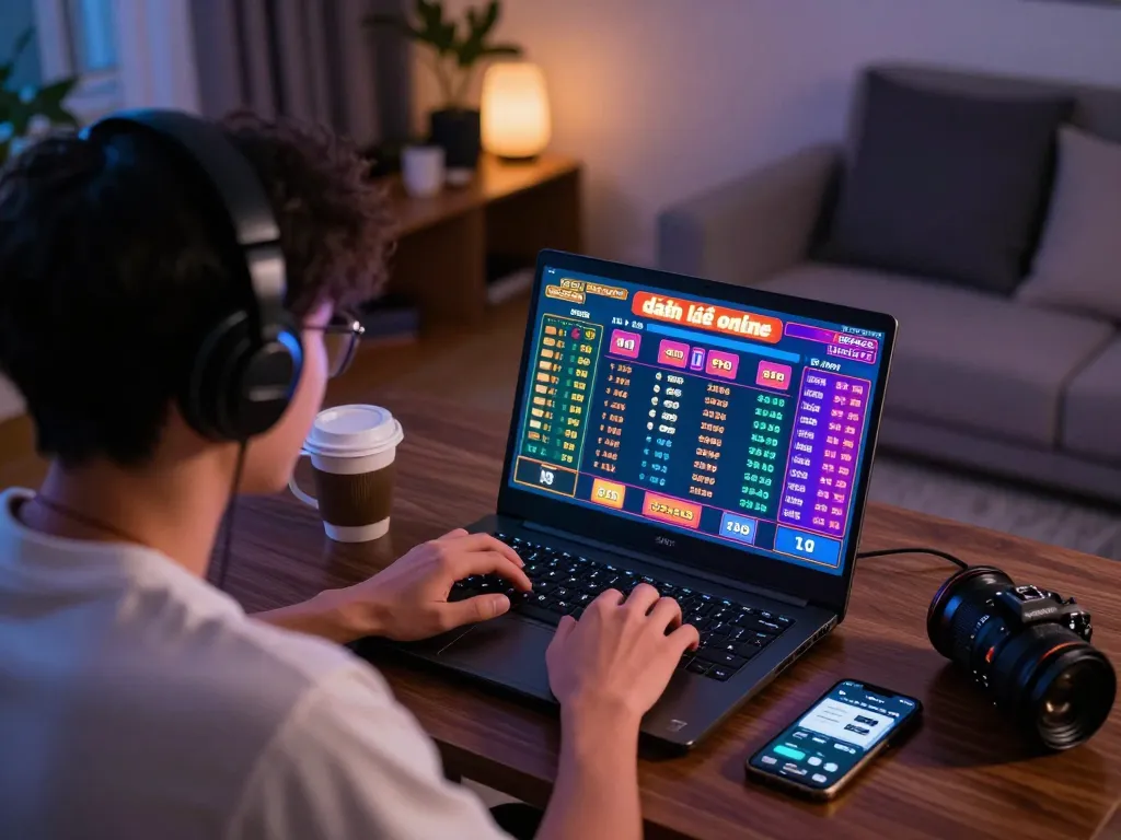 Engaged player participating in đánh lô đề online, surrounded by vibrant gaming elements and digital interface.