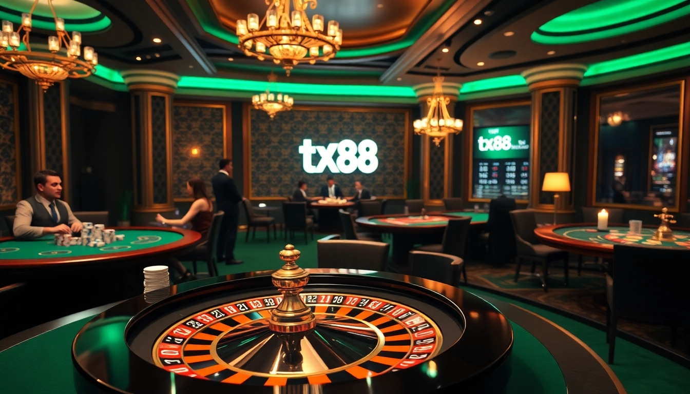 Players enjoy thrilling games at tx88 online casino with vibrant poker chips and roulette wheel.