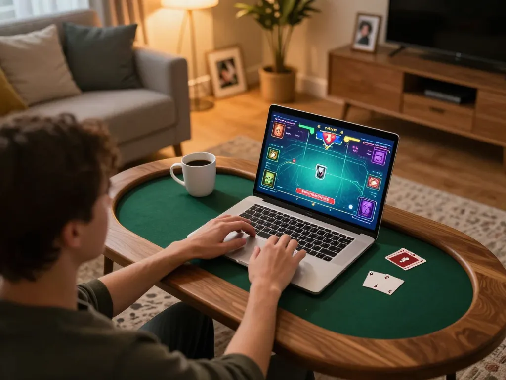 Enjoying online poker gameplay on link lucky88 from a cozy home setup with vibrant graphics.