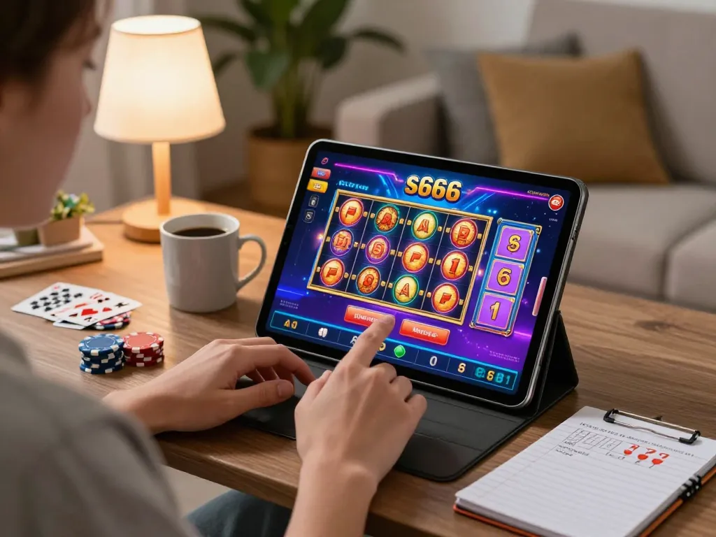 Engaging in s666 online casino gaming with tablet, showcasing a cozy home setup for responsible gambling