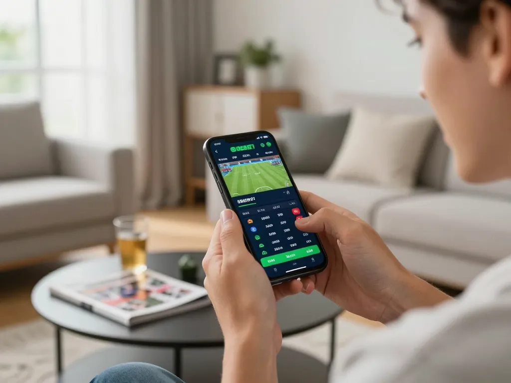 Pengguna SBOBET terlibat dengan aplikasi taruhan olahraga di smartphone, menampilkan strategi taruhan modern.