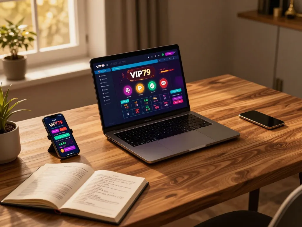 Engaging in online betting with vip79 on a sleek laptop, surrounded by gaming strategies.