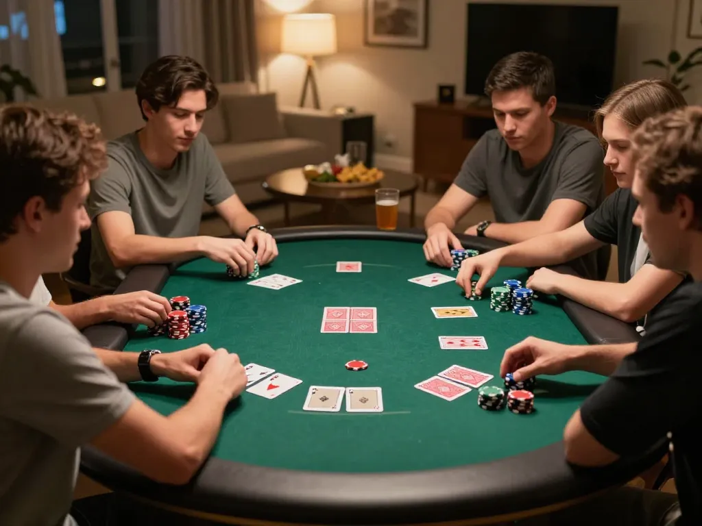Friends enjoying a poker night at home while discussing VB88 strategies, with colorful chips and drinks around