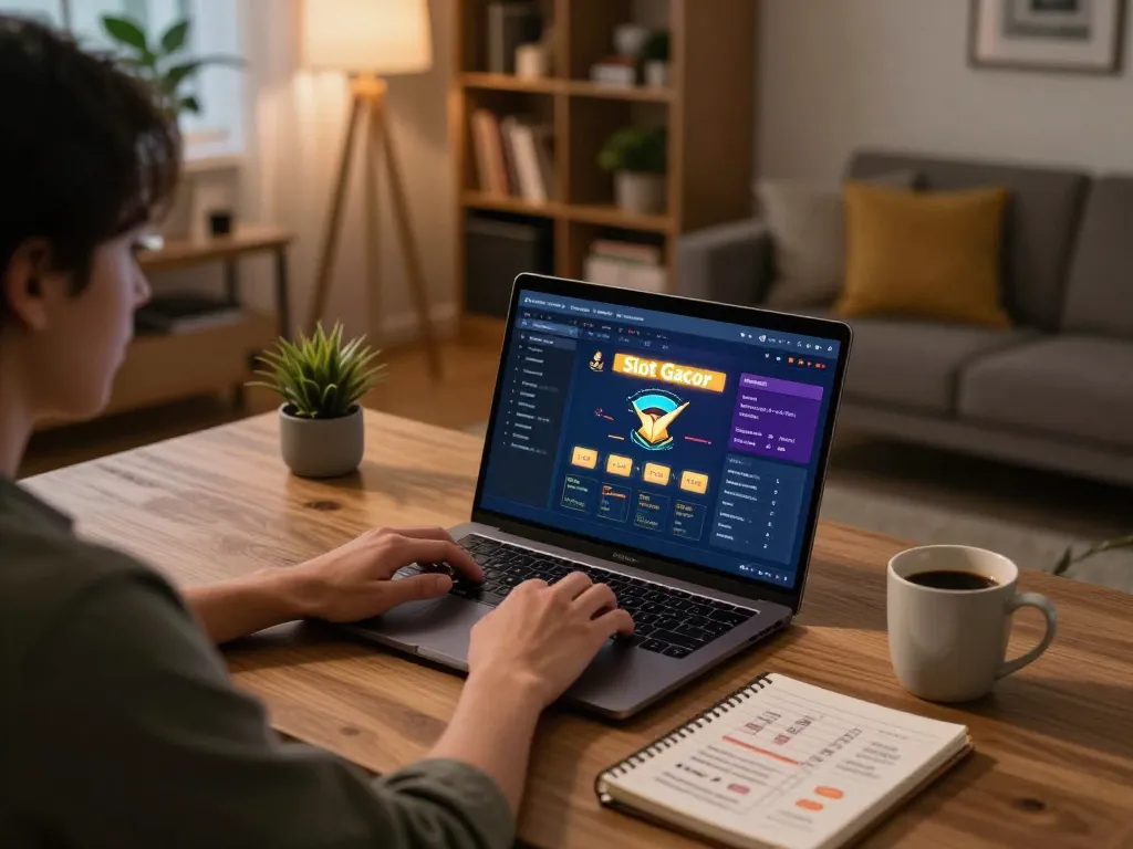 Pemain terlibat dalam permainan Slot Gacor di rumah, laptop menampilkan antarmuka kasino interaktif dan catatan strategi