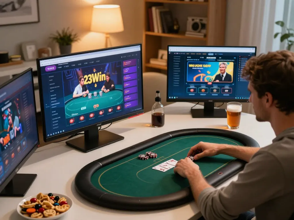 Exciting online poker gameplay on 23Win platform, showcasing a player’s focused strategy and cozy home setup.