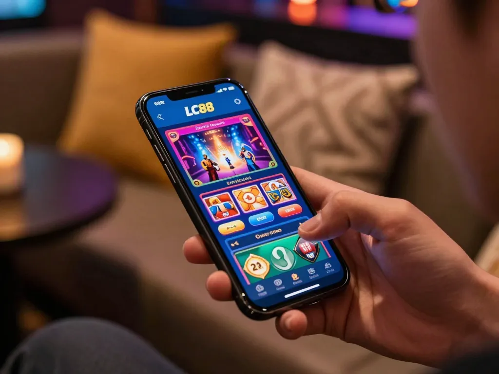 Gambling with the lc88 link app on a smartphone, showcasing vibrant online casino gameplay.