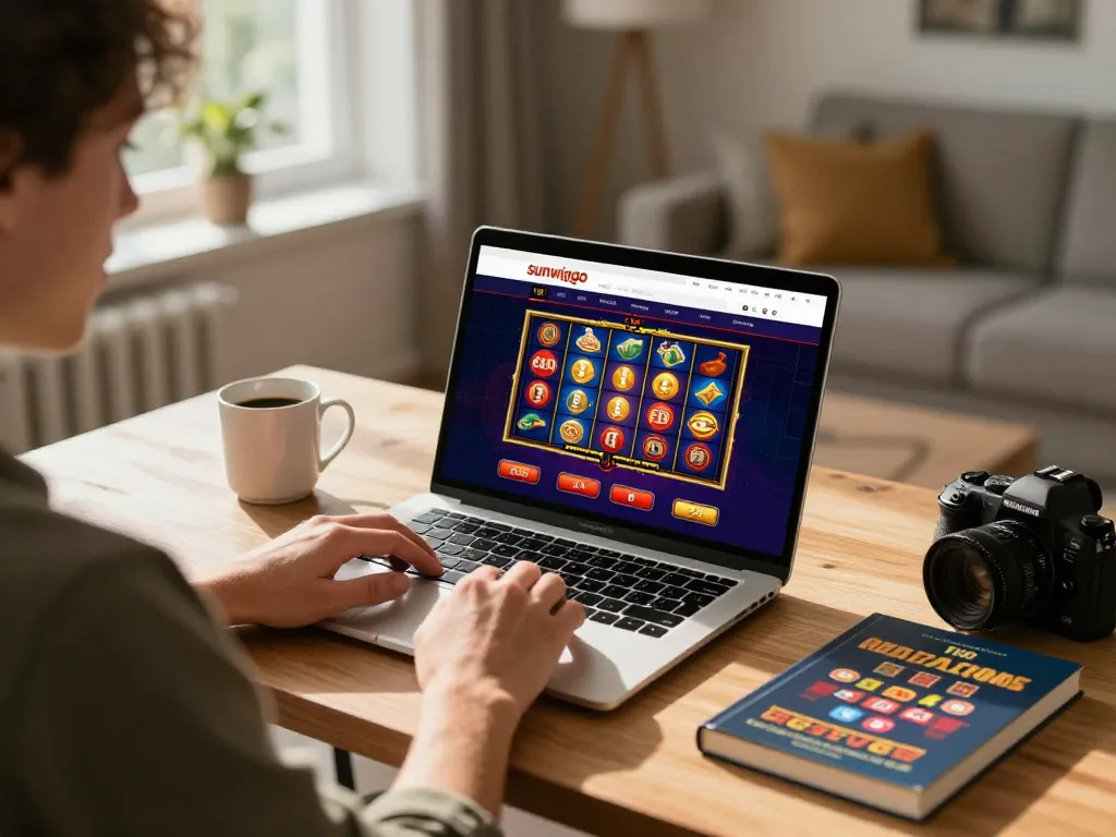 Player strategizing on sunwingo platform while engaging in online casino gaming at home, showcasing a cozy atmosphere.