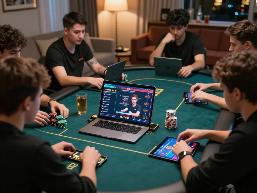 Players engaging in strategic online poker on UU88 in a cozy home setting, emphasizing interactive gameplay.