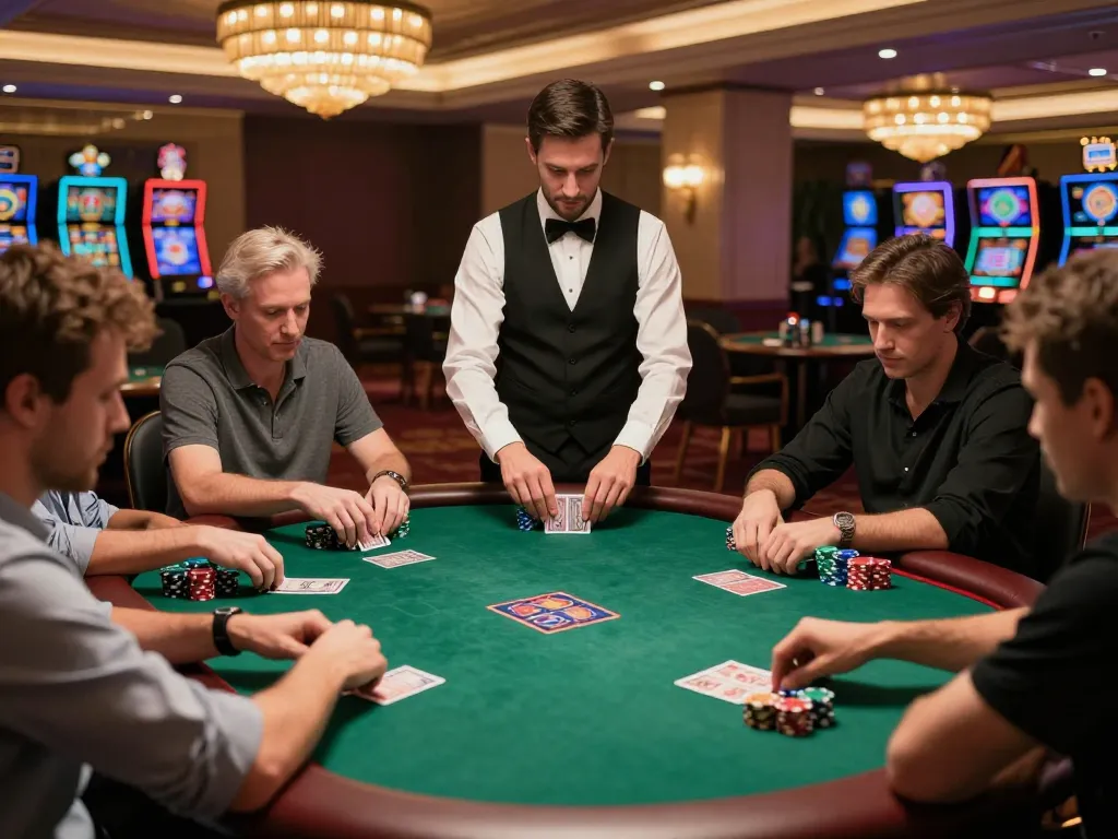 Players engaged in a strategic poker game at LC88 casino, showcasing chips and intense focus on cards.