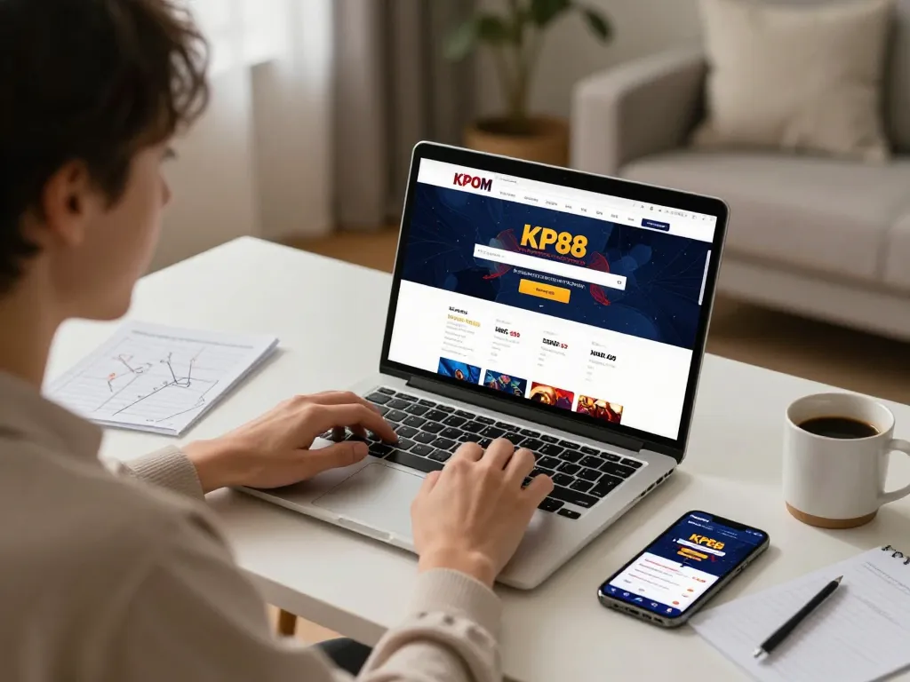 Engaging scene of online gaming at KP88 COM with a player placing bets on a laptop in a cozy home setting.