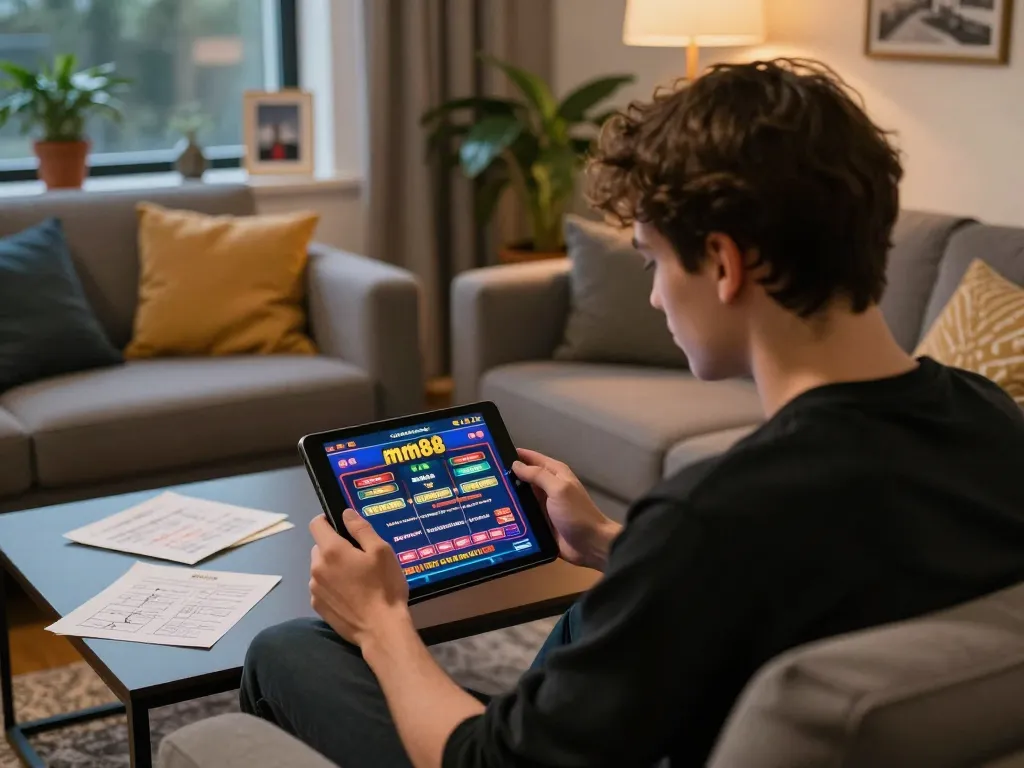 mm88 player engaged in an online game on a tablet in a cozy living room