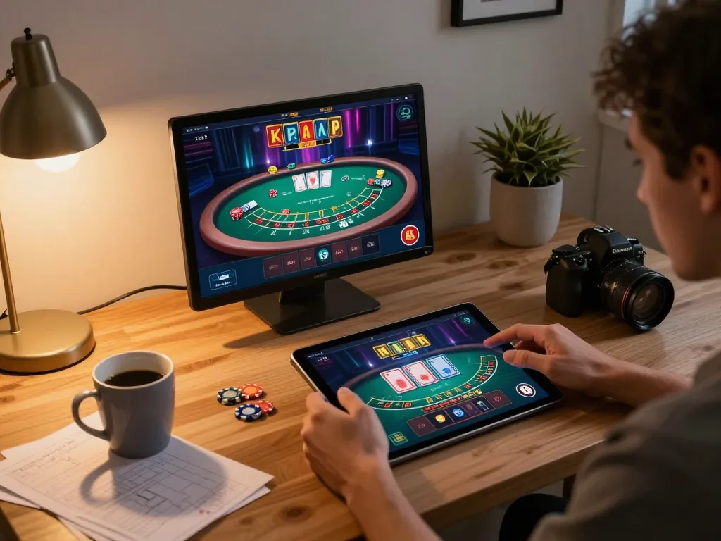 Playing a vibrant blackjack game on trang chủ F168 app at a stylish home office setup.