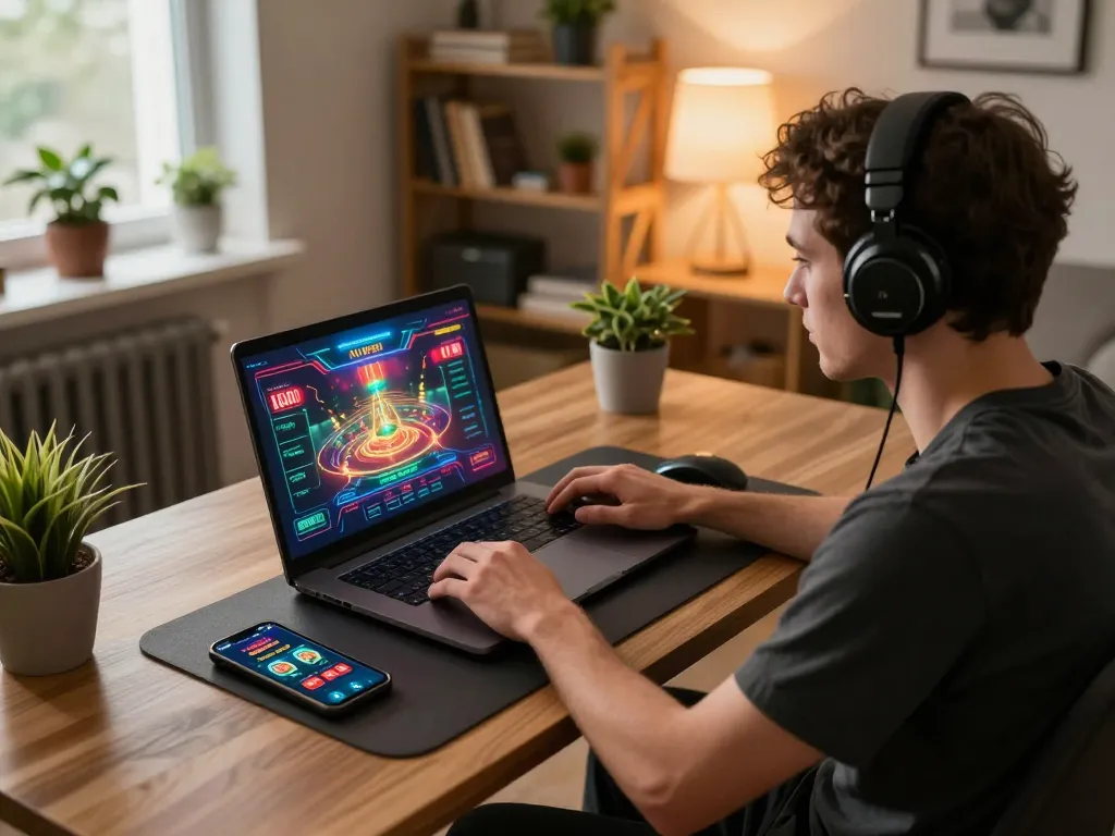 Gamer strategizing on gg88gs casino games using a laptop at home for an immersive experience