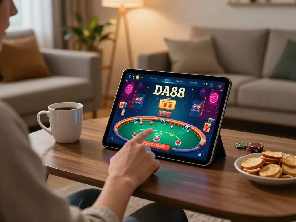 Enjoy engaging gameplay with da88 app on tablet in cozy home environment, highlighting responsible gaming vibes.