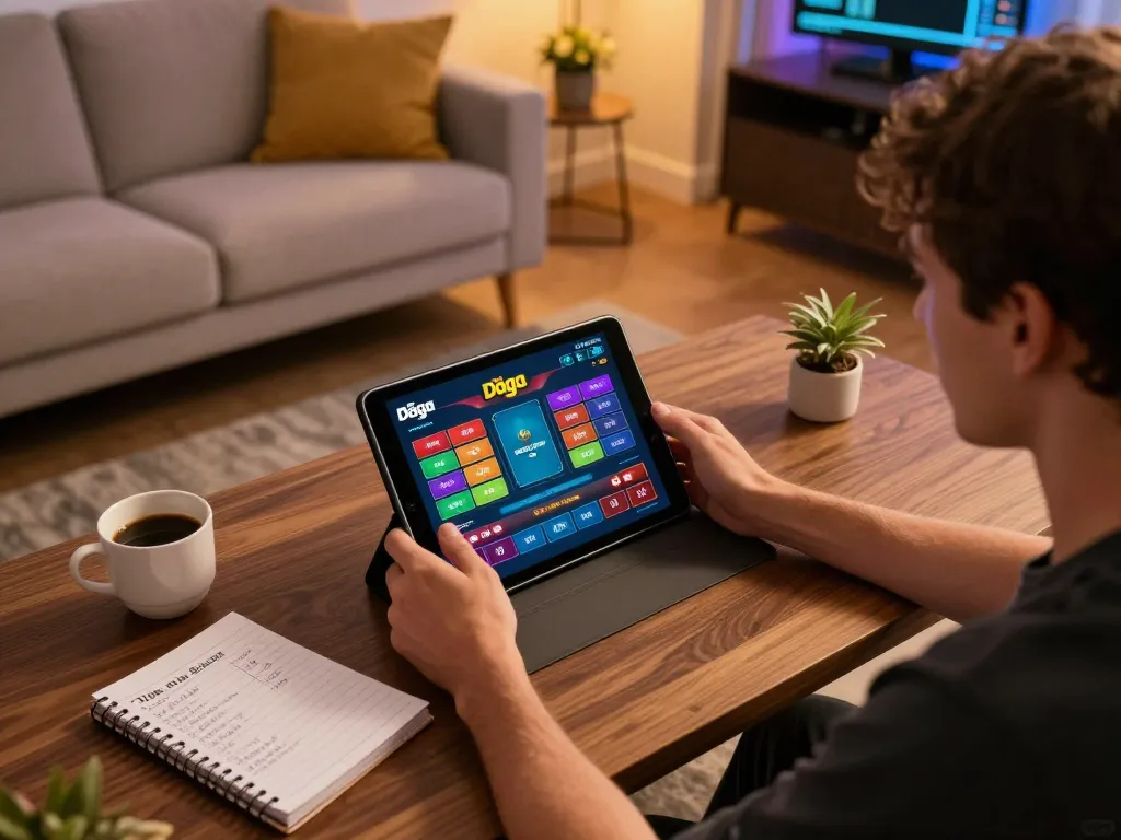 Daga player enjoying bet placement on tablet in a cozy home setting