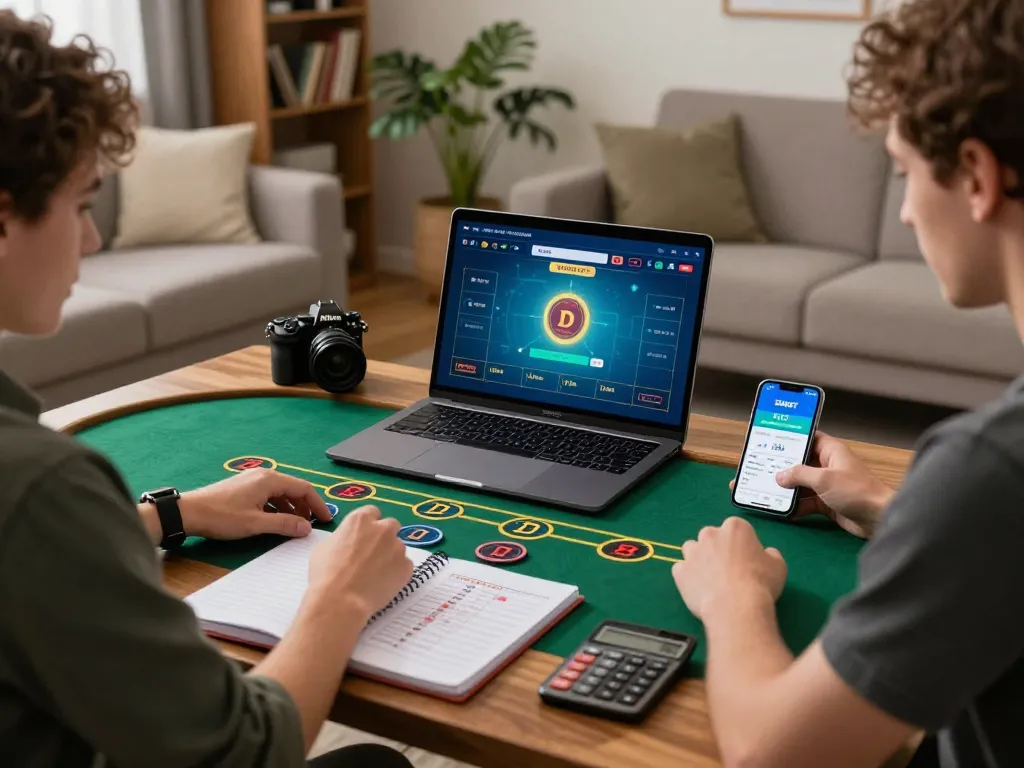 DABET player strategizing during a live blackjack game on a laptop in a cozy home setting.