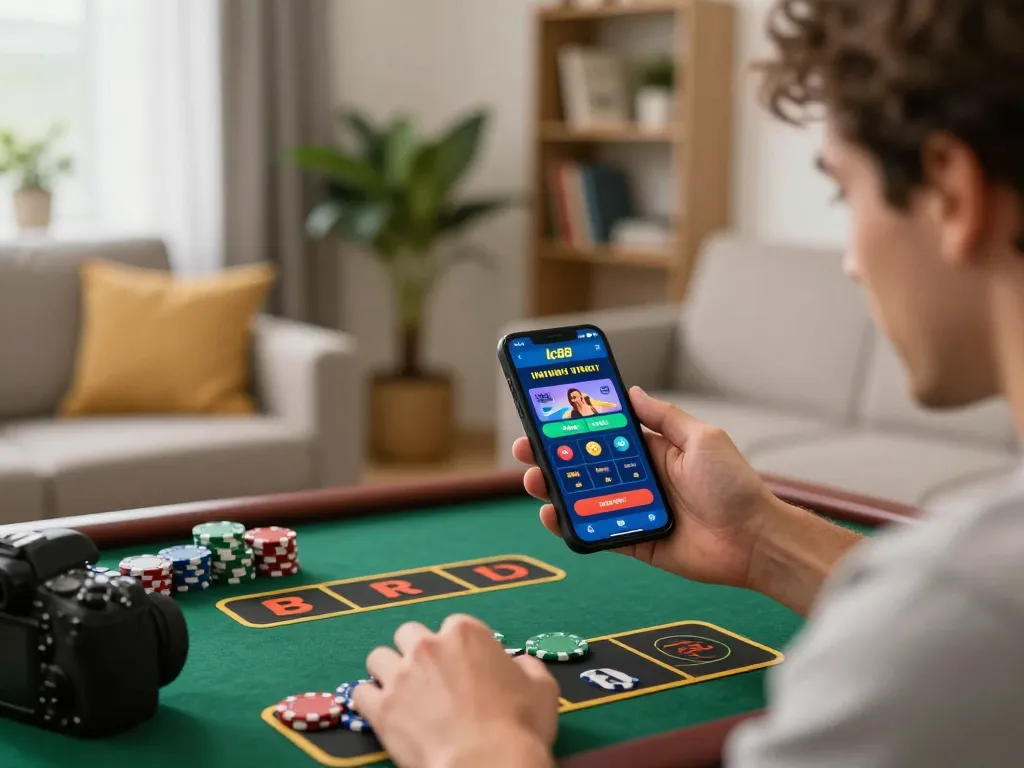 Player engaging with the lc88 app on their smartphone in a cozy home setting, emphasizing online betting excitement.