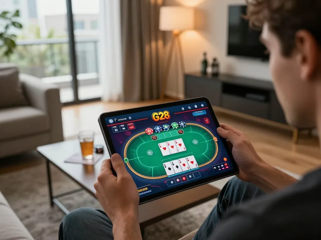 Player engaging with the G28 app, immersed in an online poker game experience